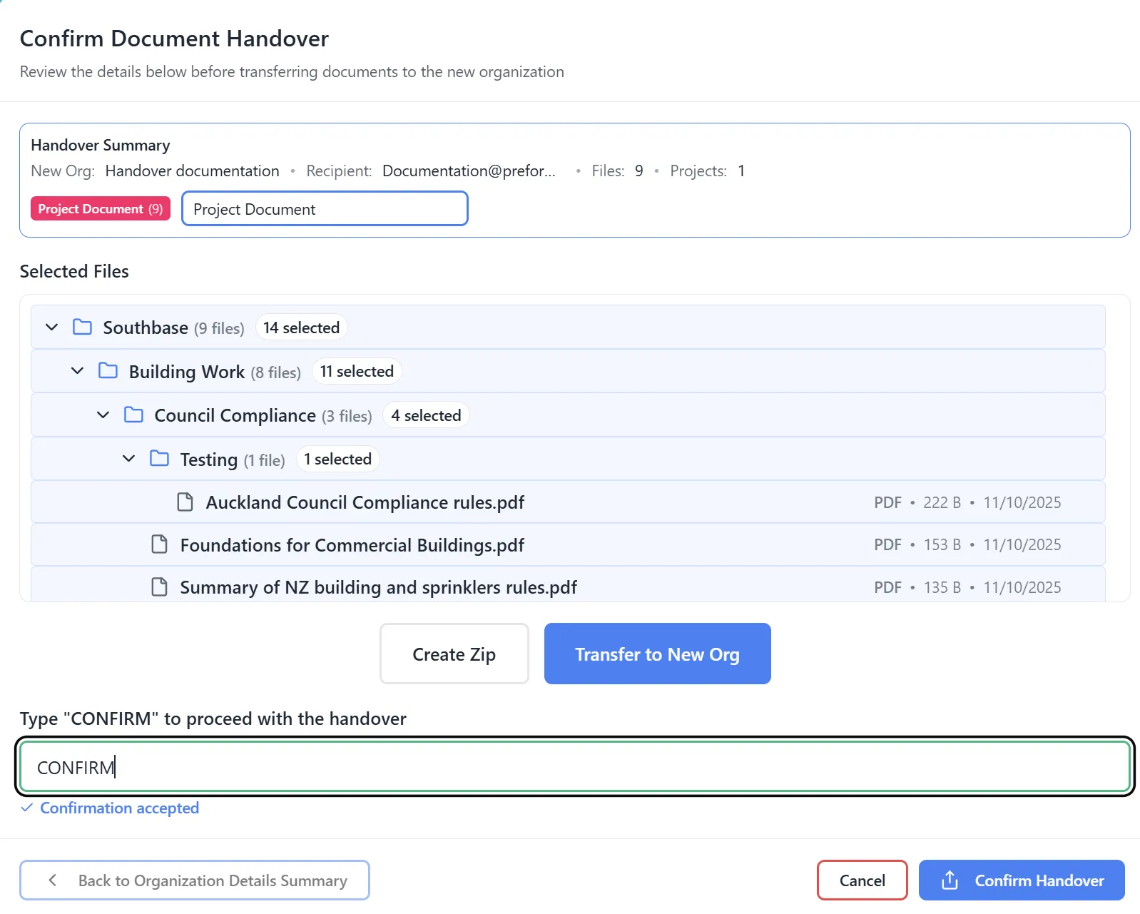 Confirm Document Handover Modal