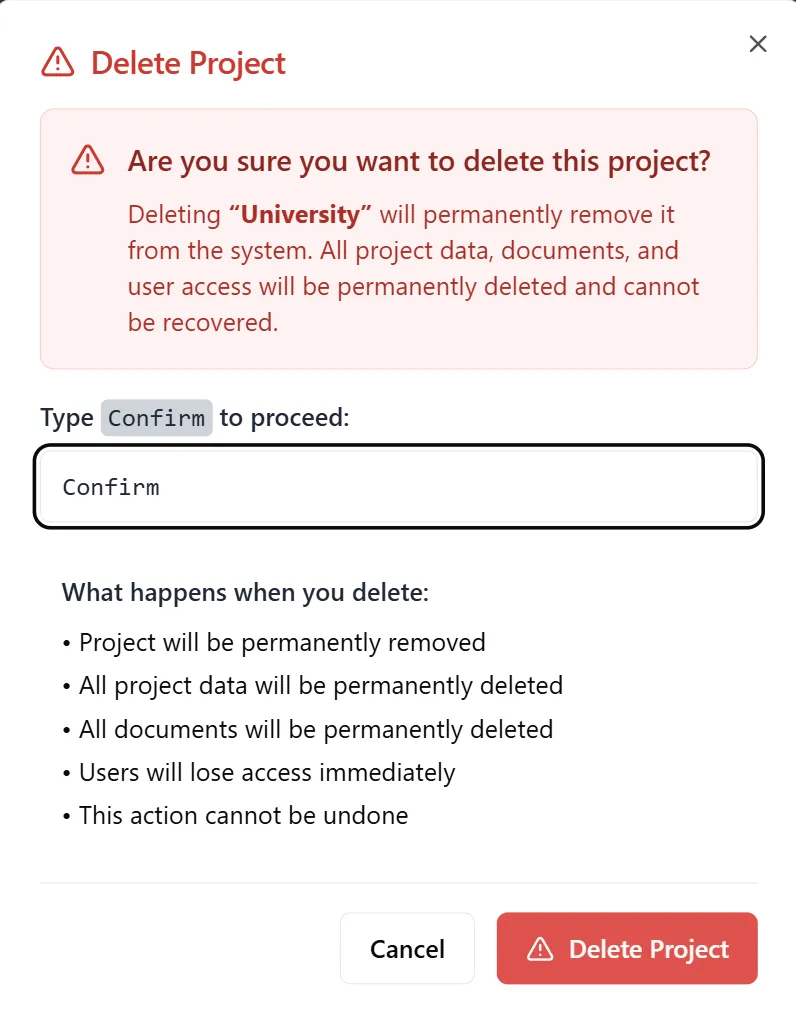 Delete Project Confirmation