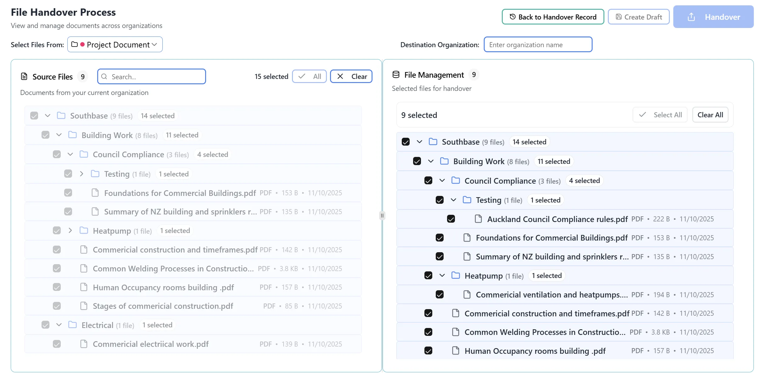 File Handover Selection Interface