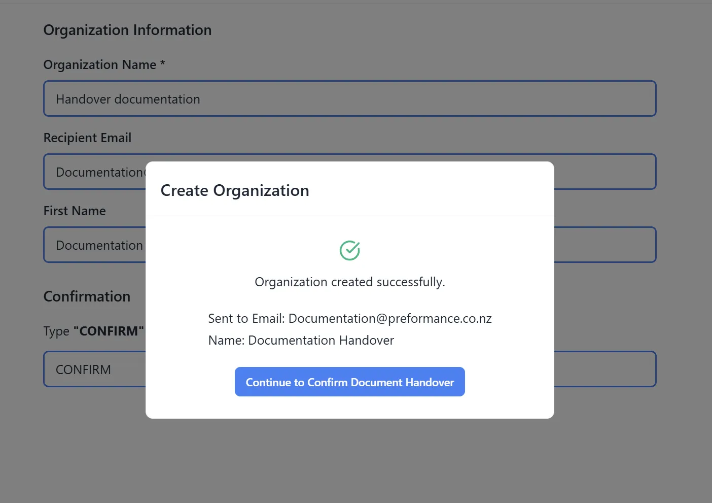 Organization Creation Success Modal