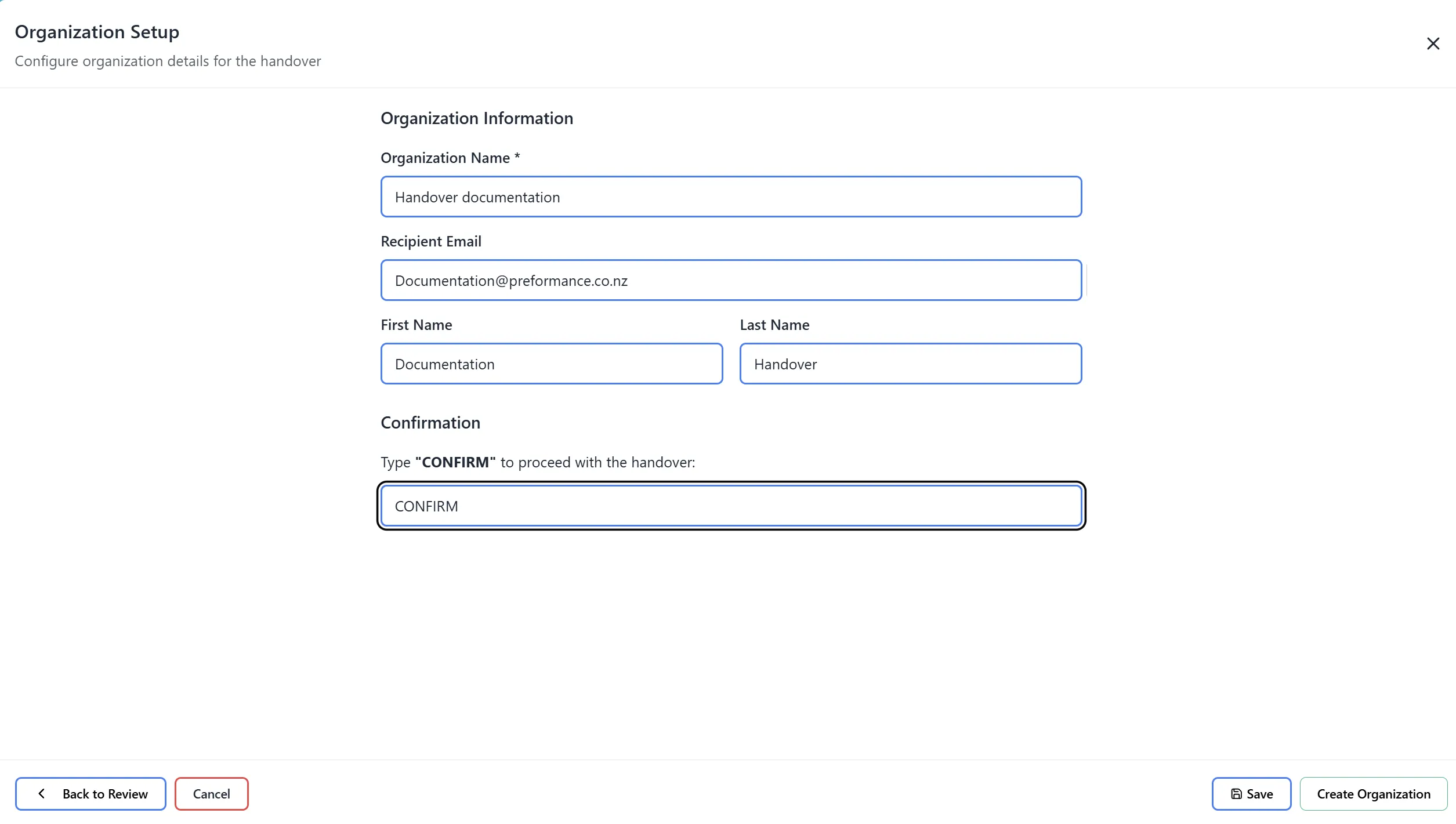 Organization Setup Form
