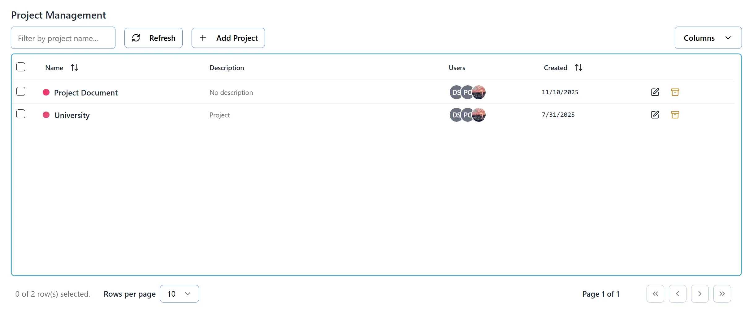 Projects Table Interface
